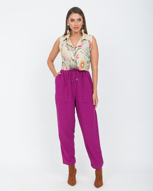 Calça alfaiataria em viscolinho fucsia