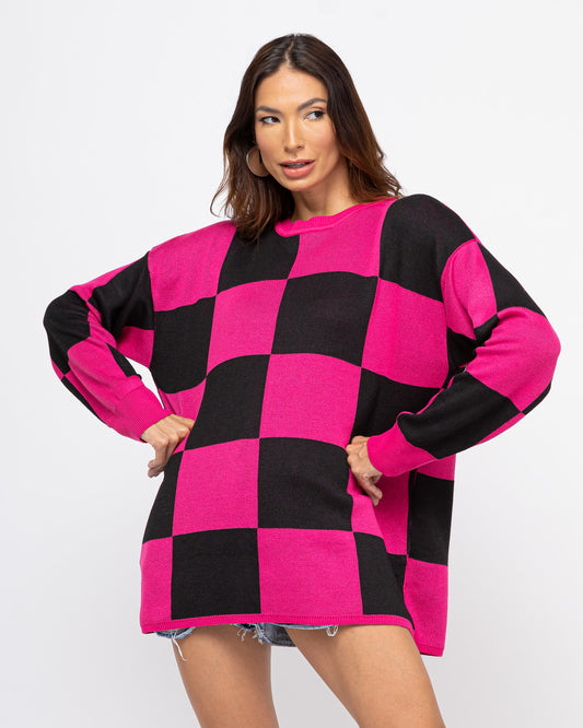 Blusa tricot xadrez pink/preto