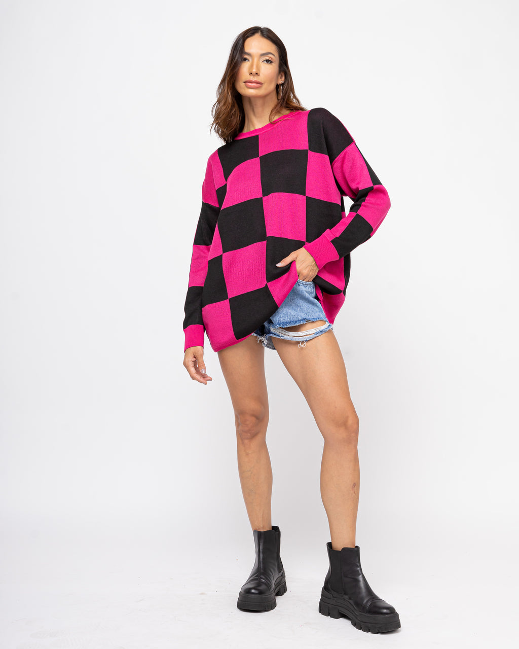 Blusa tricot xadrez pink/preto