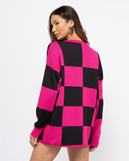 Blusa tricot xadrez pink/preto