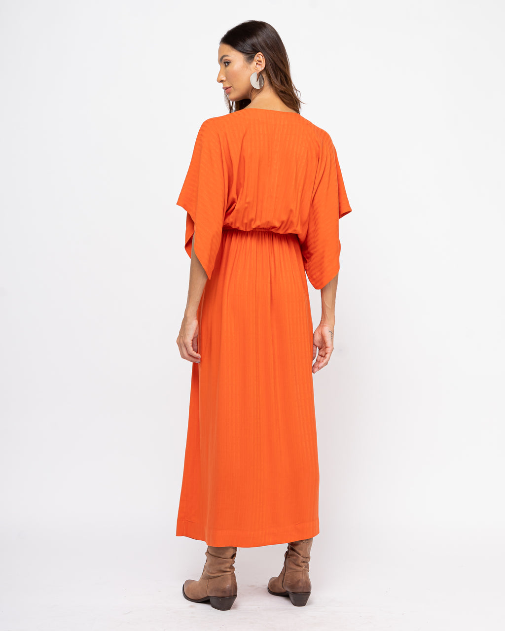 Vestido longo com pregas na cintura laranja