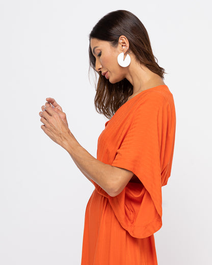 Vestido longo com pregas na cintura laranja